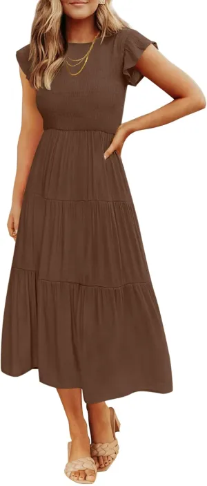ZESICA Women's 2025 Summer Casual Flutter Short Sleeve Crew Neck Smocked Elastic Waist Tiered Midi Dress