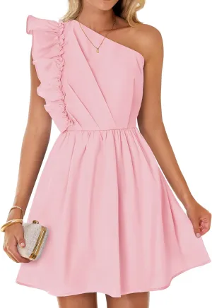 ZESICA Women's Summer One Shoulder Ruffle Dress Boho Sleeveless Elastic High Waist Swing Mini Dresses