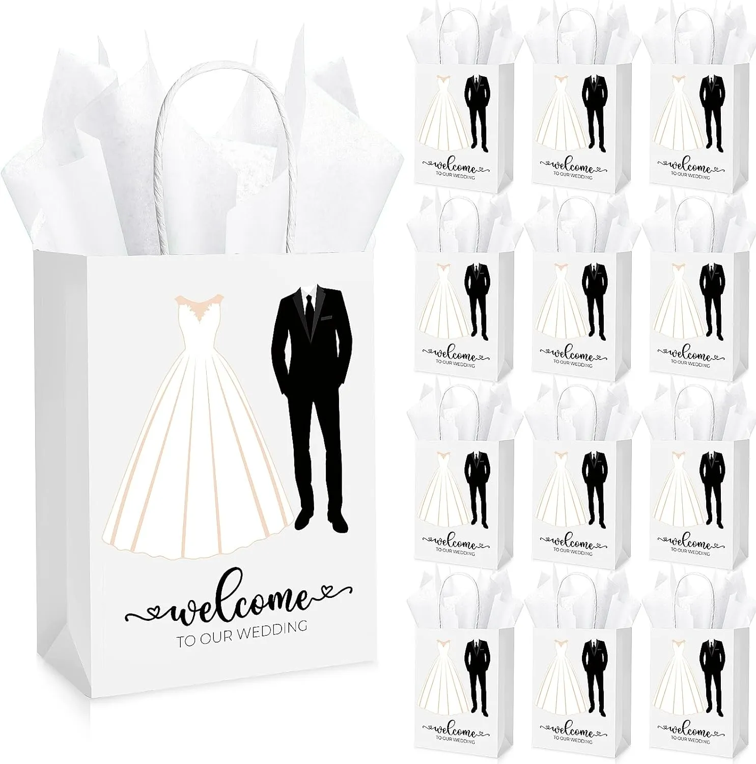 Zhanmai 50 Sets Wedding Welcome Bags with Sheets Tissue Paper and Handles party Favor Bags Welcome to Our Wedding for Guests, 5.91 x 3.15 x 8.27 Inches