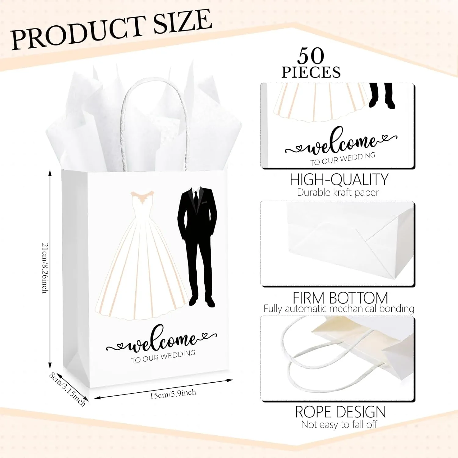Zhanmai 50 Sets Wedding Welcome Bags with Sheets Tissue Paper and Handles party Favor Bags Welcome to Our Wedding for Guests, 5.91 x 3.15 x 8.27 Inches