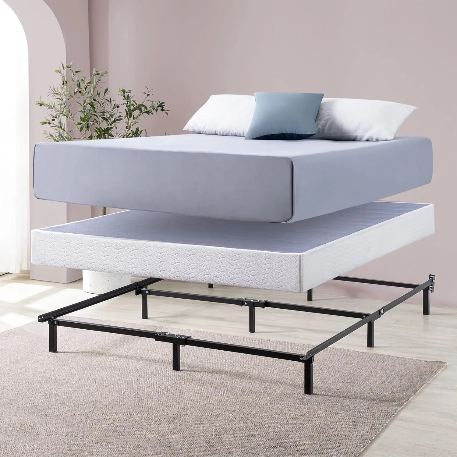 Zinus Upholstered Metal and Wood Box Spring / 4 Inch Mattress Foundation & Compack Metal 7 Inch Support Bed Frame for Box Spring and Mattress Set, Black, King