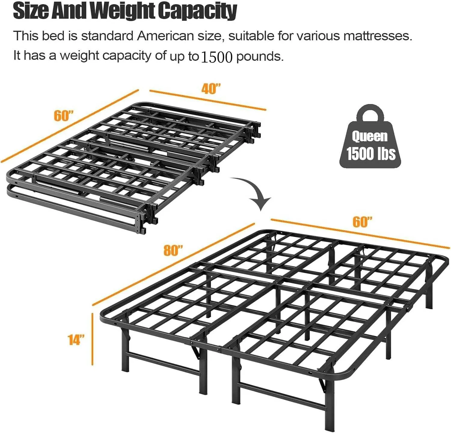 ZIYOO Heavy Duty Folding Bed Frame Queen Size, 14" High Sturdy Steel Slats Support for Mattress, Metal Platform Bed Frame Queen Size, No Box Spring Needed, Quick Assembly, Noise Free, Black