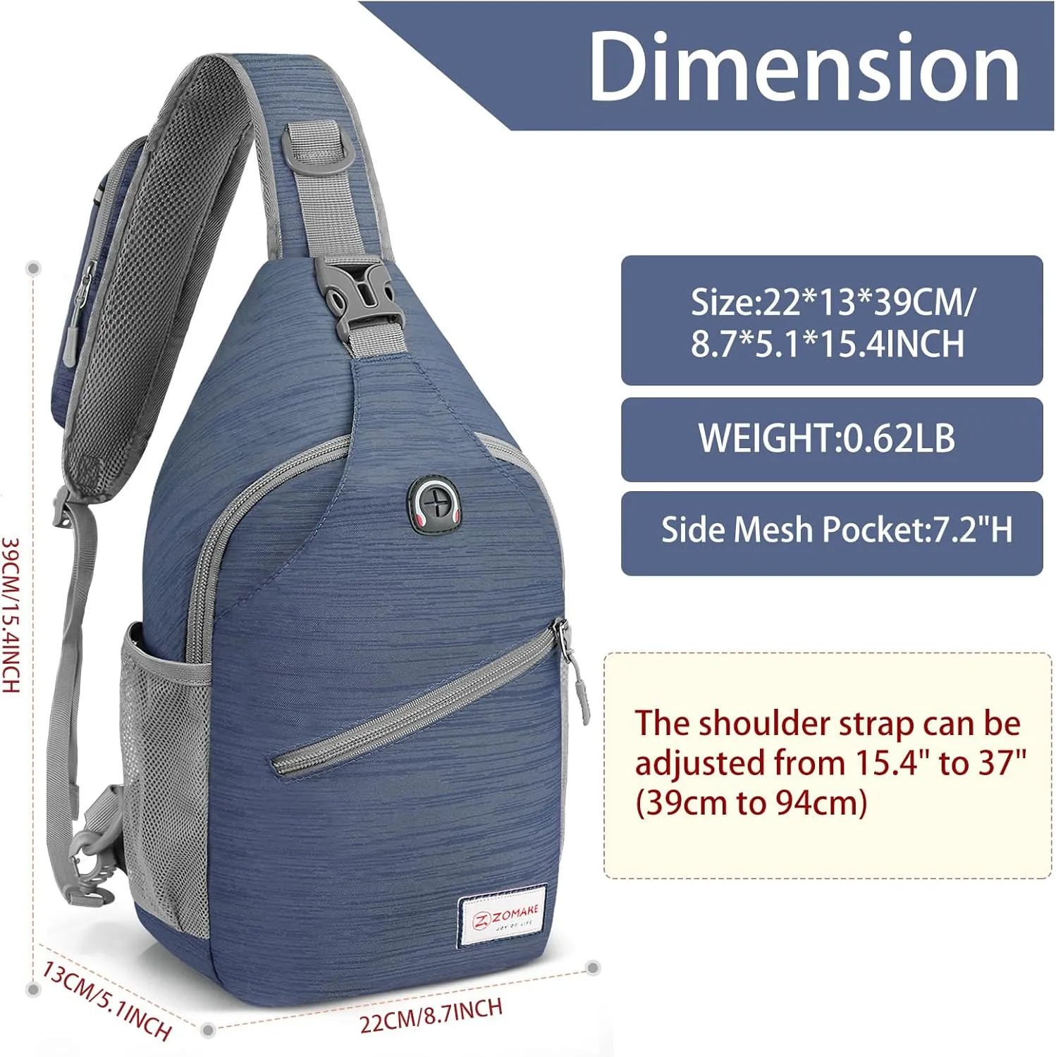 ZOMAKE Sling Bag for Women Men, Small Crossbody Sling Backpack, Mini Water Resistant Shoulder Daypack for Travel, Anti Thief Chest Bag for Hiking, Sports, Navy Blue(Stripe)