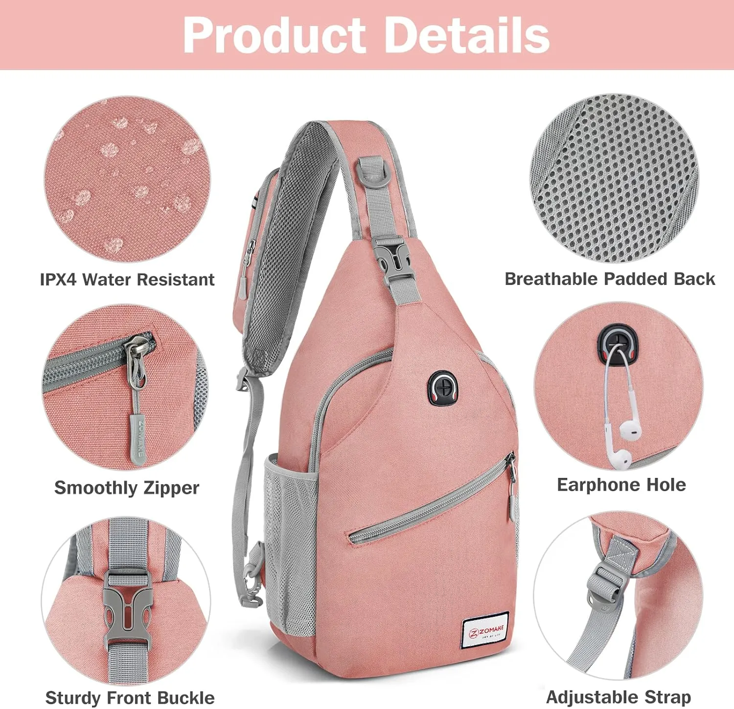 ZOMAKE Sling Bag for Women Men, Small Crossbody Sling Backpack, Mini Water Resistant Shoulder Daypack for Travel, Anti Thief Chest Bag for Hiking, Sports, Pink(new)
