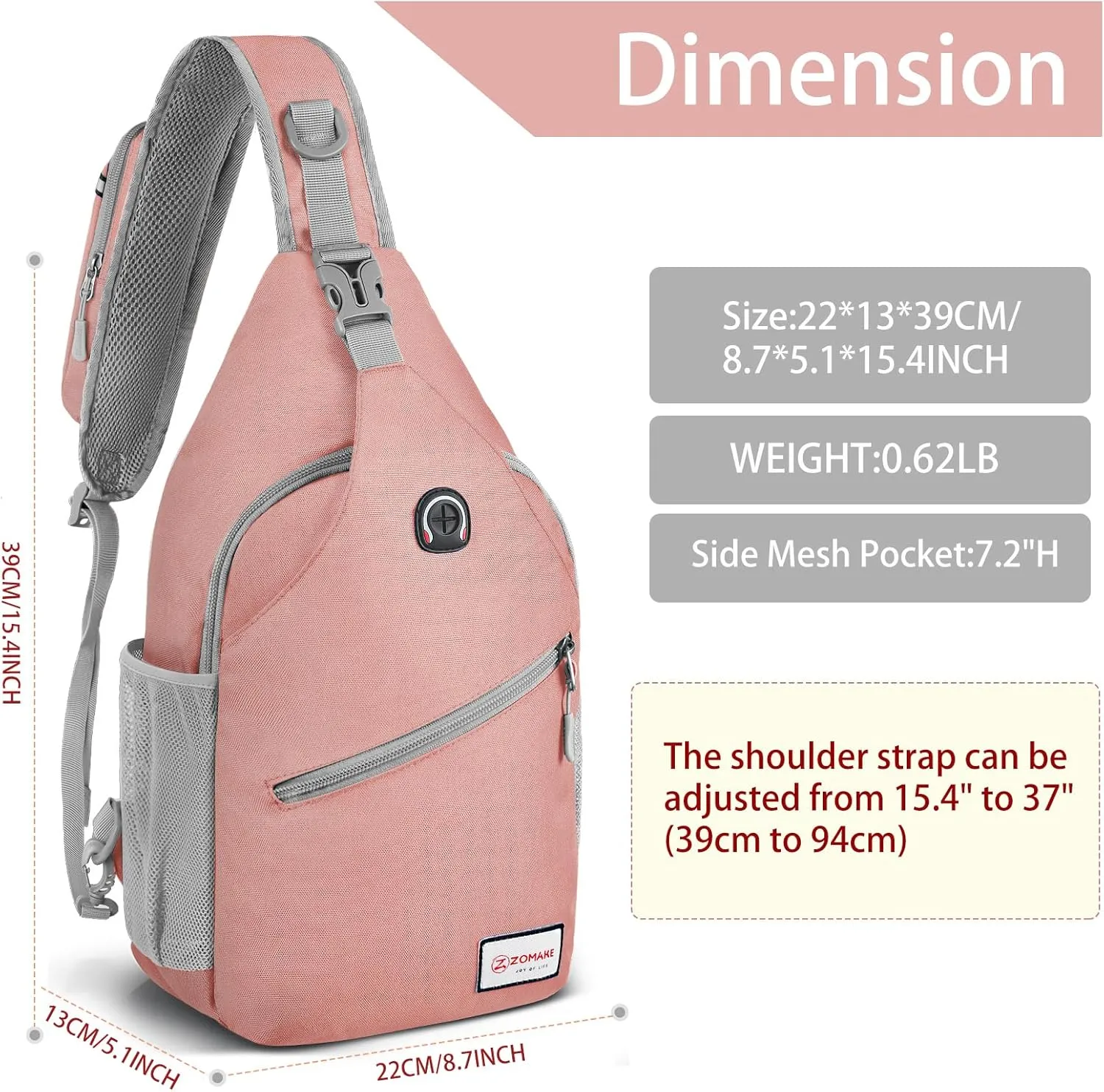 ZOMAKE Sling Bag for Women Men, Small Crossbody Sling Backpack, Mini Water Resistant Shoulder Daypack for Travel, Anti Thief Chest Bag for Hiking, Sports, Pink(new)