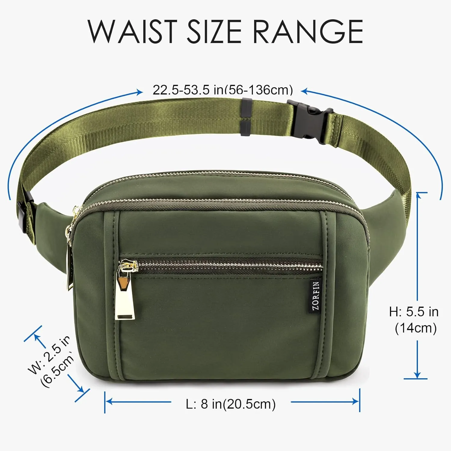 ZORFIN Fanny Packs for Women Men, Belt Bag with 5 Zipper Pockets, Fashion Waist Pack Crossbody Bag with Adjustable Belt for Travel/Shopping/Hiking/Running/Cycling (Green)