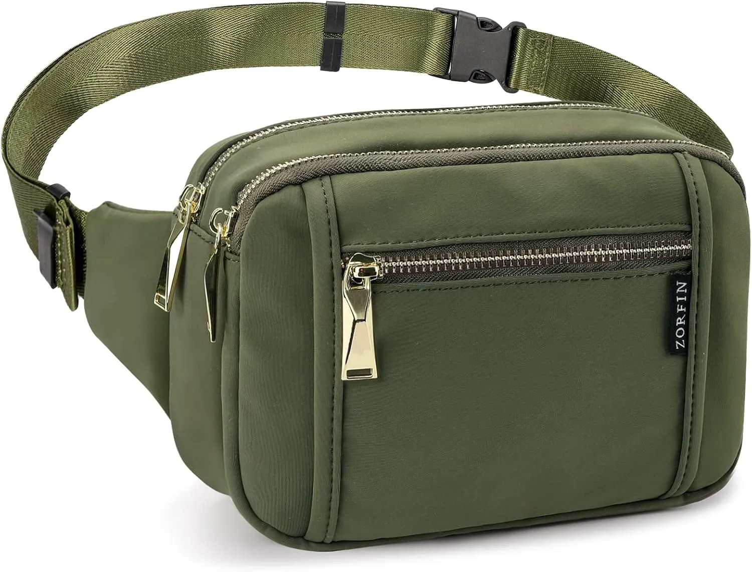 ZORFIN Fanny Packs for Women Men, Belt Bag with 5 Zipper Pockets, Fashion Waist Pack Crossbody Bag with Adjustable Belt for Travel/Shopping/Hiking/Running/Cycling (Green)