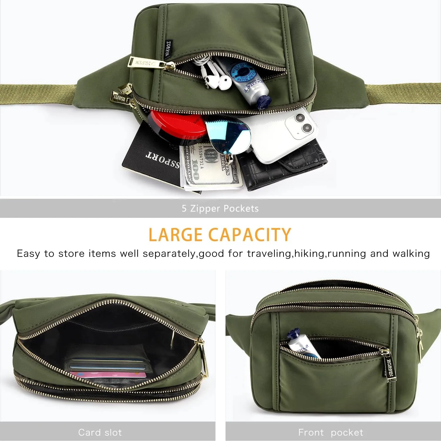 ZORFIN Fanny Packs for Women Men, Belt Bag with 5 Zipper Pockets, Fashion Waist Pack Crossbody Bag with Adjustable Belt for Travel/Shopping/Hiking/Running/Cycling (Green)