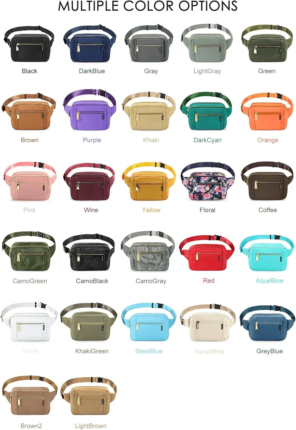 ZORFIN Fanny Packs for Women Men, Belt Bag with 5 Zipper Pockets, Fashion Waist Pack Crossbody Bag with Adjustable Belt for Travel/Shopping/Hiking/Running/Cycling (Green)