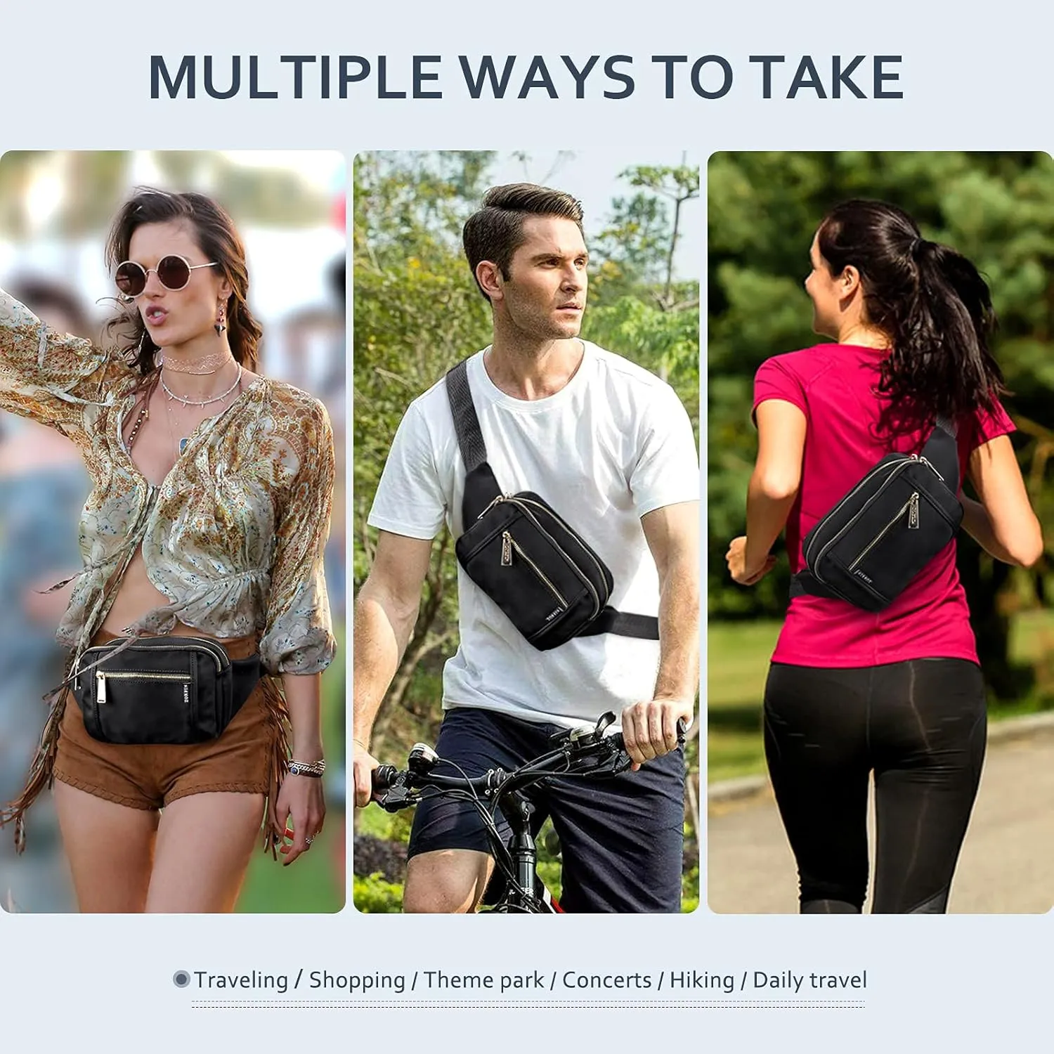 ZORFIN Fanny Packs for Women Men, Belt Bag with 5 Zipper Pockets, Fashion Waist Pack Crossbody Bag with Adjustable Belt for Travel/Shopping/Hiking/Running/Cycling (Green)