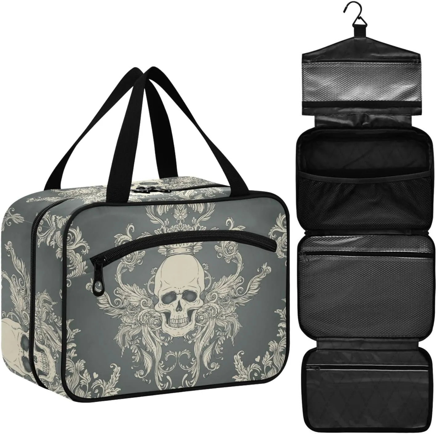 ZZKKO Toiletry Bags for Traveling Women Damask Style Skull Toiletry Bag with Hanging Hook Makeup Bag Travel Cosmetic Bag Travel Organizer for Accessories Toiletries Medium