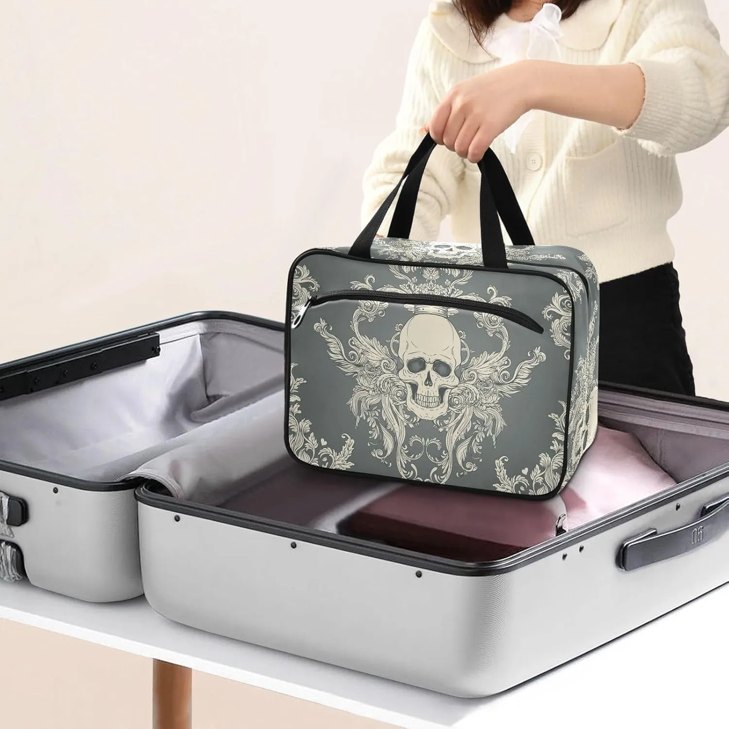 ZZKKO Toiletry Bags for Traveling Women Damask Style Skull Toiletry Bag with Hanging Hook Makeup Bag Travel Cosmetic Bag Travel Organizer for Accessories Toiletries Medium