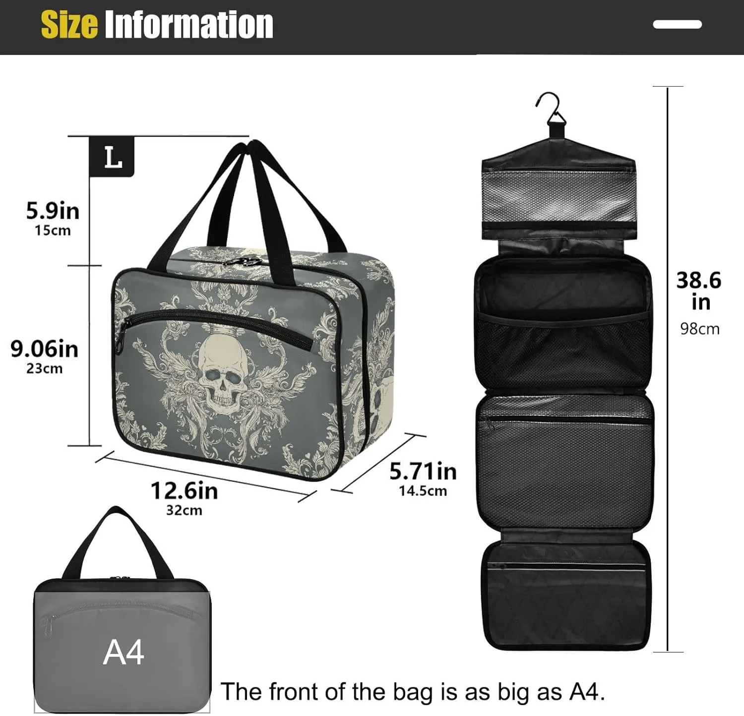 ZZKKO Toiletry Bags for Traveling Women Damask Style Skull Toiletry Bag with Hanging Hook Makeup Bag Travel Cosmetic Bag Travel Organizer for Accessories Toiletries Medium
