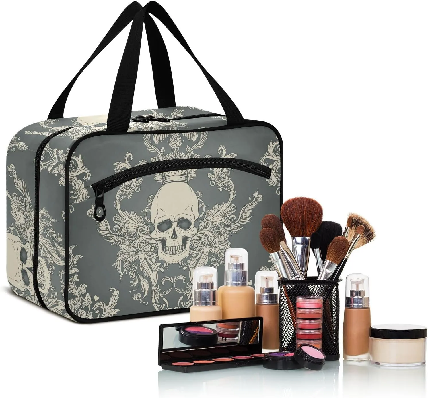 ZZKKO Toiletry Bags for Traveling Women Damask Style Skull Toiletry Bag with Hanging Hook Makeup Bag Travel Cosmetic Bag Travel Organizer for Accessories Toiletries Medium