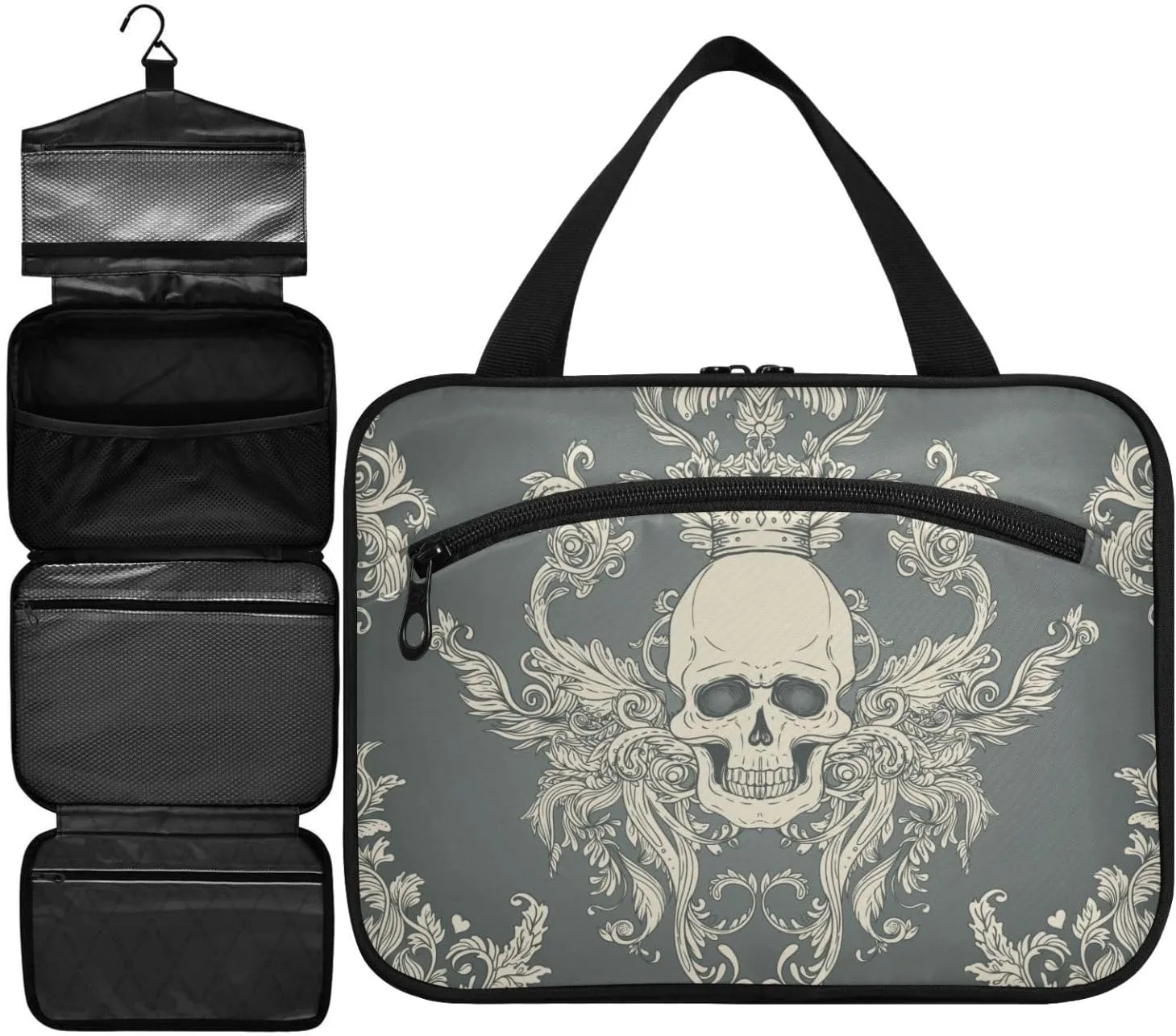 ZZKKO Toiletry Bags for Traveling Women Damask Style Skull Toiletry Bag with Hanging Hook Makeup Bag Travel Cosmetic Bag Travel Organizer for Accessories Toiletries Medium