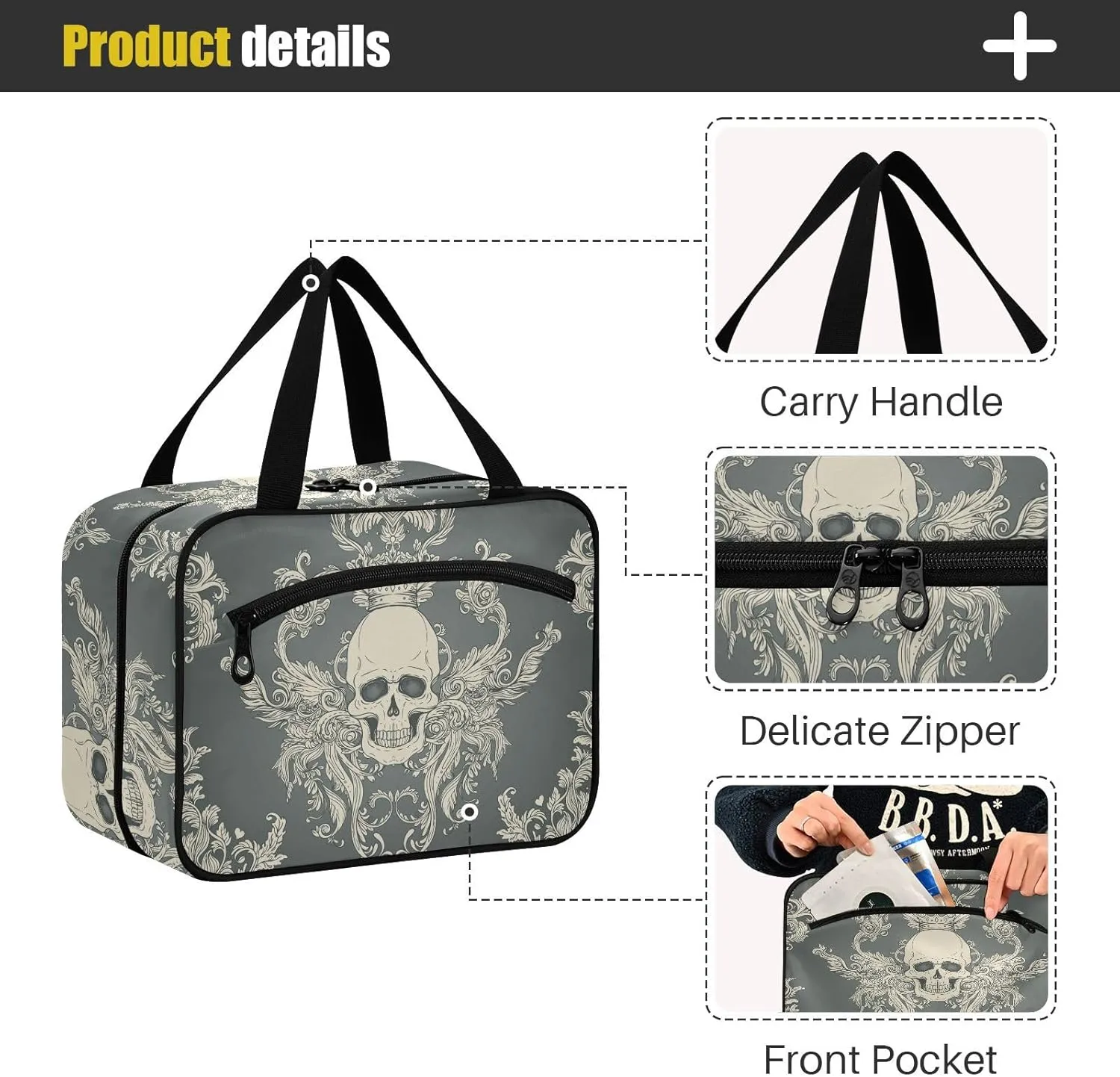 ZZKKO Toiletry Bags for Traveling Women Damask Style Skull Toiletry Bag with Hanging Hook Makeup Bag Travel Cosmetic Bag Travel Organizer for Accessories Toiletries Medium
